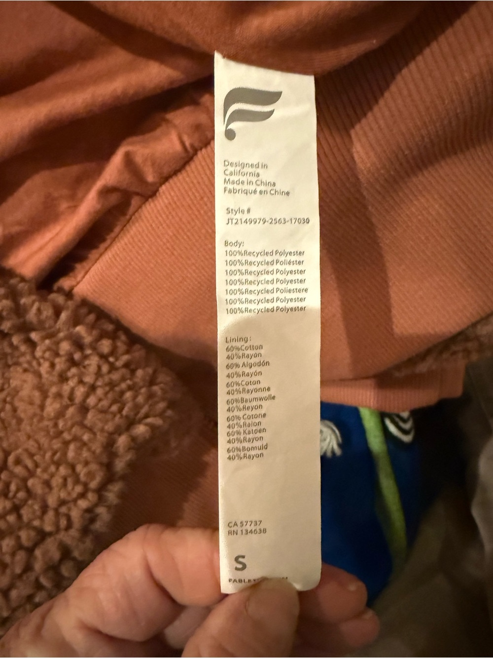 Fabletics Cropped Teddy Zip Jacket - Rust Brown -Brand NWOT 21” PTP - Picture 5 of 5